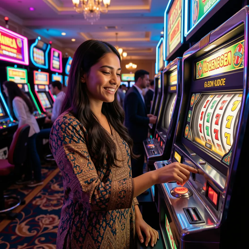 5666bat – Experience vibrant online slot entertainment for players in Bangladesh Happy Bangladeshi woman enjoying colorful slot reels and bright casino lights while playing online slots at 5666bat casino